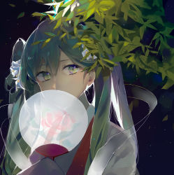 Rule 34 | 1girl, absurdres, bad id, bad pixiv id, chuushuu meigetsu miku, covering own mouth, flower, green eyes, green hair, grey kimono, hair between eyes, hair flower, hair ornament, hand fan, hatsune miku, highres, holding, holding fan, japanese clothes, kimono, long hair, looking at viewer, see-through, solo, tefco, transparent, twintails, upper body, vocaloid, white flower