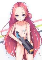 Rule 34 | 1girl, :&lt;, bikini, blue archive, collarbone, commentary request, flat chest, forehead, grenade launcher, hair ornament, hair ribbon, highres, long hair, looking at viewer, m320, micro bikini, modular weapon system, petite, purple eyes, red hair, ribbon, school uniform, simple background, solo, sooottrick, stand-alone configuration, swimsuit, weapon, white background, yuzu (blue archive)
