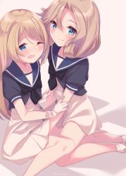 Rule 34 | 2girls, blonde hair, blue eyes, blue sailor collar, blush, closed mouth, collarbone, dress, gloves, highres, janus (kancolle), jervis (kancolle), kantai collection, long hair, multiple girls, one eye closed, open mouth, puffy short sleeves, puffy sleeves, sailor collar, sailor dress, short hair, short sleeves, smile, socks, uut, white dress, white gloves, white legwear