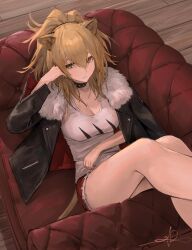Rule 34 | 1girl, animal ears, arknights, black choker, black jacket, blonde hair, breasts, choker, cleavage, closed mouth, commentary, couch, expressionless, feet out of frame, from above, fur-trimmed jacket, fur trim, hair between eyes, hand on own cheek, hand on own face, head rest, highres, io (io oekaki), jacket, lion ears, lion girl, lion tail, long hair, looking at viewer, lying, medium breasts, on back, open clothes, open jacket, ponytail, red shorts, short shorts, shorts, siege (arknights), signature, solo, studded choker, tail, tank top, white tank top, wooden floor, yellow eyes