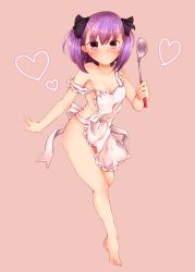 Rule 34 | 1girl, alternate costume, apron, armpits, bare legs, barefoot, black ribbon, blush, breasts, cleavage, closed mouth, collarbone, fate/grand order, fate (series), frilled apron, frills, full body, hair ribbon, harupippo, heart, helena blavatsky (fate), highres, holding, ladle, leg up, looking at viewer, naked apron, pink background, pouty lips, purple eyes, purple hair, ribbon, short hair, simple background, small breasts, solo, strap slip, tareme, toes, white apron