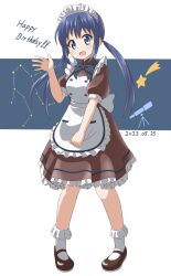 Rule 34 | 1girl, 2023, absurdres, alternate costume, apron, birthday, blue eyes, blue hair, blush, bow, constellation, dated, dot nose, eabo19tw, english text, gemini (constellation), happy birthday, highres, koisuru asteroid, long hair, looking at viewer, maid, maid apron, maid headdress, manaka ao, open mouth, shoes, simple background, socks, solo, standing, star (symbol), telescope, waving, white background