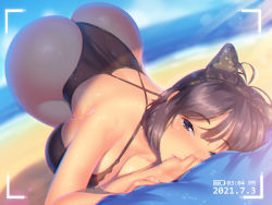 Rule 34 | 1girl, a.x., animal ears, ass, back, bare shoulders, beach, black hair, black one-piece swimsuit, blurry, blurry background, blush, breasts, cat ears, cleavage, dated, fake animal ears, hanging breasts, huge ass, large breasts, lens flare, lips, looking at viewer, medium hair, ocean, one-piece swimsuit, original, purple eyes, sideboob, solo, swimsuit, top-down bottom-up, tsurime, viewfinder