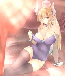 Rule 34 | 1girl, absurdres, armlet, bare shoulders, black thighhighs, blonde hair, blue eyes, blue gemstone, blurry, bowsette, bracelet, breasts, cleavage, crown, depth of field, gem, hair between eyes, half-closed eyes, highres, horns, huge filesize, indoors, jewelry, large breasts, leaning to the side, legs together, leotard, long hair, mario (series), new super mario bros. u deluxe, nintendo, parted bangs, platinette, pointy ears, pulled by self, sitting, solo, spiked armlet, spiked bracelet, spikes, super crown, thighhighs, turtle shell