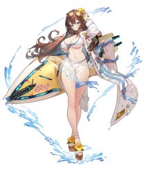 Rule 34 | 1girl, absurdres, bikini, blue eyes, breasts, brown hair, cleavage, eyewear on head, full body, game cg, guardian tales, highres, jacket, large breasts, long hair, looking at viewer, nail polish, navel, official art, scientist on the beach sohee, see-through, smile, solo, standing, surfboard, swimsuit, transparent background, water, white bikini