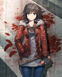 Rule 34 | 1girl, advarcher, alternate costume, bad id, bad pixiv id, belt, black hair, brown jacket, buttons, casual, concrete, denim, fingerless gloves, flower, gloves, graffiti, grey shirt, hand in pocket, highres, hood, hood down, jacket, jeans, jewelry, looking at viewer, messy hair, necklace, pants, rose, ruby rose, rwby, shadow, shirt, short hair, smile, solo, spray can, wall