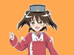 Rule 34 | 1girl, animated, animated gif, blush, brown eyes, brown hair, dancing, japanese clothes, kantai collection, long hair, looking at viewer, magatama, mikakunin de shinkoukei, open mouth, orange background, outline, parody, ryuujou (kancolle), simple background, smile, solo, tk8d32, twintails, visor cap, white outline