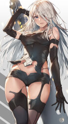 Rule 34 | 1girl, a2 (nier:automata), absurdres, asymmetrical legwear, black gloves, black shirt, black shorts, black thighhighs, blue eyes, breasts, brown thighhighs, commentary request, elbow gloves, gloves, goddess of victory: nikke, hair over one eye, highres, lips, long hair, looking at viewer, medium breasts, michairu, mismatched legwear, mole, mole under mouth, nier:automata, nier (series), shirt, short shorts, shorts, solo, standing, thighhighs, white hair