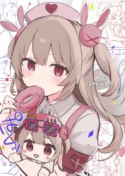 Rule 34 | &gt; &lt;, 1girl, apron, armband, blush, center frills, character doll, collared dress, commentary request, confetti, dated, doughnut, dress, eating, food, frills, hair ornament, hat, heart, heart print, highres, holding, holding food, light brown hair, long hair, looking at viewer, natori sana, neku01n, nurse cap, pink apron, pink headwear, puffy short sleeves, puffy sleeves, rabbit hair ornament, red armband, red eyes, sana channel, short sleeves, sunglasses, two side up, upper body, virtual youtuber, white dress