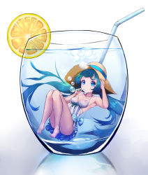 Rule 34 | 1girl, absurdly long hair, air bubble, barefoot, bendy straw, blue eyes, blue hair, blue ribbon, bow, breasts, bubble, blowing bubbles, closed mouth, collarbone, cup, dress, drinking glass, drinking straw, food, fruit, full body, halterneck, hand on headwear, hat, hat ribbon, hatsune miku, in container, knees together feet apart, knees up, kuronosu (yamada1230), lemon, lemon slice, long hair, looking at viewer, medium breasts, mini person, minigirl, no nose, panties, pantyshot, ribbon, short dress, sleeveless, sleeveless dress, solo, spaghetti strap, submerged, sun hat, twintails, underwear, very long hair, vocaloid