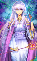 Rule 34 | 1girl, closed mouth, copyright name, dress, fire emblem, fire emblem: genealogy of the holy war, fire emblem cipher, holding, holding staff, julia (fire emblem), leaf, long hair, long sleeves, nintendo, purple eyes, purple hair, solo, staff, toyo sao, wide sleeves