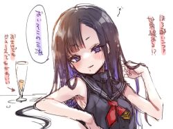 Rule 34 | 1girl, asymmetrical bangs, black hair, black serafuku, blush, breasts, cocktail glass, colored inner hair, cup, drinking glass, eunhwa (nikke), forehead, fummy, goddess of victory: nikke, long hair, looking at viewer, mole, mole under mouth, multicolored hair, neckerchief, purple eyes, purple hair, red neckerchief, school uniform, serafuku, sleeveless, small breasts, solo