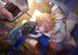 Rule 34 | 1boy, 1girl, blue hair, blue overalls, blue pants, blush, braid, breasts, captain nemo (fate), censored, closed eyes, clothes pull, cross-section, crown braid, cum, cum in mouth, ejaculation, fate/grand order, fate (series), fellatio, gradient hair, hat, hat feather, hetero, jacket, kneeling, light brown hair, long hair, long sleeves, multicolored hair, nemo (fate), open mouth, oral, orange hair, overall shorts, overalls, pants, pants pull, puffy sleeves, sekai saisoku no panda, side braid, sitting, small breasts, straw hat, testicles, thighs, tight clothes, tight pants, tongue, turban, two-tone hair, van gogh (fate), white headwear, white jacket, yellow headwear