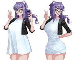 Rule 34 | 1girl, blush, breasts, cellphone, cropped jacket, dress, glasses, green eyes, gremlin (last origin), hella p, holding, holding phone, korean commentary, large breasts, last origin, long hair, looking at viewer, meme, multiple views, open mouth, pajamas challenge, phone, ponytail, purple hair, selfie, short dress, sidelocks, simple background, smartphone, smile, v, white background
