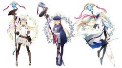 Rule 34 | 1girl, absurdres, ahoge, armor, artoria caster (fate), artoria caster (first ascension) (fate), artoria caster (second ascension) (fate), artoria caster (third ascension) (fate), artoria pendragon (fate), black gloves, black leggings, blonde hair, blue cape, blue footwear, blue hat, bow, breastplate, cape, crown, fate/grand order, fate (series), flower wreath, gloves, green eyes, grey footwear, grey hat, hair bow, hat, highres, holding, holding staff, leggings, ninjin (ne f g o), staff, sword, twintails, variations, weapon, white cape