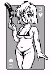 Rule 34 | 1girl, arm at side, banana, bikini, blush, border, breasts, card, chocolate banana, collarbone, facing viewer, food, fruit, grey background, greyscale, happy, heart, hearts (playing card), holding, limited palette, looking at viewer, medium breasts, micro bikini, monochrome, navel, open mouth, outside border, pixel art, playing card, retro artstyle, revealing clothes, saiwai hiroshi, short hair, simple background, smile, standing, swimsuit, underboob, vattle guice, white border