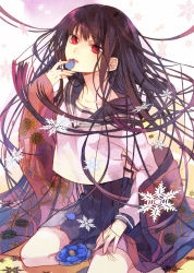 Rule 34 | 1girl, colorized, floating hair, flower, hand to own mouth, highres, japanese clothes, kimono, kneeling, long hair, minatsume, mouth hold, murakami yuichi, original, petals, red eyes, school uniform, serafuku, snowflakes, solo, very long hair