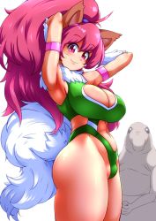 Rule 34 | 1girl, animal ears, bare legs, bare shoulders, breasts, cat ears, cat girl, cleavage, cleavage cutout, clothing cutout, curvy, female focus, happy, heart cutout, highleg, highleg leotard, highres, large breasts, leotard, long hair, looking at viewer, paw print, perisie (star ocean), pink hair, ponytail, ryoi, shiny skin, simple background, smile, solo, standing, star ocean, star ocean first departure, tail, thick thighs, thighs, thong leotard, v, very long hair