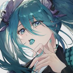 Rule 34 | 1girl, black jacket, black ribbon, blue eyes, blue hair, blue nails, chap sal !, collared shirt, commentary, hair between eyes, hair ribbon, hatsune miku, jacket, long hair, looking at viewer, nail polish, portrait, project sekai, ribbon, shirt, solo, symbol-only commentary, twintails, vocaloid, white background, white shirt