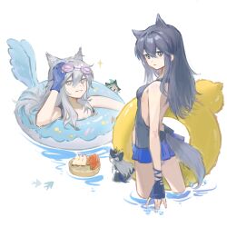 Rule 34 | 4girls, animal ears, arknights, arm up, bare shoulders, black dress, black gloves, black hair, black headwear, blue gloves, breasts, collarbone, commentary request, dress, fingerless gloves, gloves, goggles, goggles on head, grey hair, hair between eyes, hat, highres, innertube, lappland (arknights), long hair, mini person, minigirl, multiple girls, nenene (xinjinjumin8804406), peeking out, red eyes, simple background, skadi (arknights), small breasts, sparkle, specter (arknights), standing, swim ring, tail, texas (arknights), wading, water, white background, yellow eyes