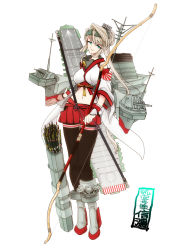 Rule 34 | 10s, 1girl, arrow (projectile), asymmetrical legwear, bare shoulders, blonde hair, blue eyes, boots, bow, bow (weapon), cccbast, commentary request, flight deck, grey footwear, hair ornament, highres, kantai collection, long hair, original, pantyhose, shinano (aircraft carrier), shinano (kancolle), shinji (metal-chan), solo, uneven legwear, weapon, wide sleeves