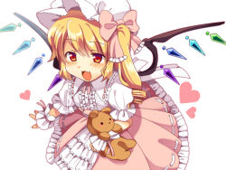 Rule 34 | 1girl, :d, bad id, bad pixiv id, blonde hair, blush, dress, female focus, flandre scarlet, frilled dress, frills, hat, heart, lolita fashion, matatabi maru, open mouth, red eyes, side ponytail, simple background, smile, solo, stuffed animal, stuffed toy, sweet lolita, teddy bear, touhou, white background, wings, wrist cuffs