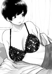 Rule 34 | 1girl, arm support, bra, breasts, cleavage, commentary, dress shirt, earrings, english commentary, greyscale, highres, indoors, jewelry, lace, lace bra, looking away, lying, medium breasts, monochrome, norman maggot, office lady, olive laurentia, on side, open clothes, open shirt, original, pencil skirt, pixie cut, shirt, short hair, skirt, solo, stud earrings, underwear, undressing, upper body