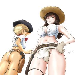 Rule 34 | absurdres, adjusting clothes, adjusting headwear, artist name, ass, belle (girls und panzer), belt, black belt, black hair, black headwear, blonde hair, breasts, brown belt, brown headwear, closed mouth, commentary request, cowboy hat, from behind, front-tie top, frown, fundoshi, girls und panzer, glaring, gloves, green eyes, grey gloves, gun, hand on own hip, handgun, hat, highres, hiyama yuu (wee259hiyama), holster, holstered, jane (girls und panzer), japanese clothes, long hair, looking at viewer, looking back, looking down, medium breasts, navel, partial commentary, purple eyes, revolver, shirt, short hair, signature, simple background, sleeveless, sleeveless shirt, sleeves rolled up, smile, standing, weapon, white background, white shirt