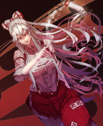 Rule 34 | 1girl, absurdres, aged up, blurry, bow, breasts, cigarette, commentary request, cowboy shot, dutch angle, fujiwara no mokou, hair between eyes, hair bow, highres, kikimifukuri, large breasts, long hair, long sleeves, looking at viewer, ofuda, pants, parted lips, red eyes, red pants, shirt, silver hair, smile, smoke, solo, suspenders, throwing, touhou, v-shaped eyebrows, very long hair, white bow, white shirt