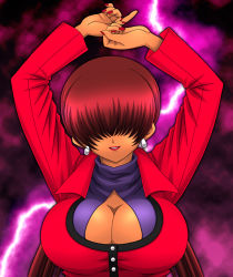 Rule 34 | 1girl, arms up, breasts, brown hair, cleavage, cleavage cutout, clothing cutout, dark persona, dark skin, dark-skinned female, earrings, fatal fury, hair over eyes, huge breasts, impossible clothes, jewelry, large breasts, leotard, lightning, lightning bolt symbol, lipstick, lowres, makeup, nail polish, orochi shermie, pluco, shermie (kof), smile, solo, split ponytail, the king of fighters, twintails