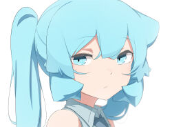 Rule 34 | 1girl, :/, abmayo, aqua hair, bare shoulders, closed mouth, collared shirt, commentary, green eyes, hatsune miku, highres, long hair, looking at viewer, necktie, portrait, shirt, simple background, solo, symbol-only commentary, twintails, vocaloid, white background