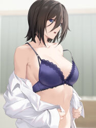 Rule 34 | 1girl, absurdres, bare shoulders, black hair, blue bra, blue eyes, blurry, blurry background, bra, breasts, cleavage, collarbone, hair between eyes, highres, large breasts, long sleeves, looking at viewer, mixed-language commentary, off shoulder, open clothes, open mouth, open shirt, original, rebutsu, shirt, short hair, solo, underwear, upper body, white shirt
