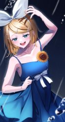 Rule 34 | 1girl, :d, absurdres, arm up, bare arms, bare shoulders, blonde hair, blue dress, blue eyes, bow, breasts, brown nails, collarbone, commentary request, dress, flower, hair ornament, hair ribbon, hairband, hairclip, highres, huge filesize, inu8neko, kagamine rin, nail polish, open mouth, pleated dress, rain, ribbon, sleeveless, sleeveless dress, small breasts, smile, solo, sunflower, sweat, swept bangs, teeth, upper teeth only, vocaloid, white bow, white hairband, white ribbon, yellow flower