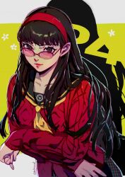 Rule 34 | 1girl, amagi yukiko, black hair, black sailor collar, blunt bangs, closed mouth, collarbone, commentary, datcravat, glasses, hair behind ear, hairband, highres, long sleeves, looking at viewer, neckerchief, persona, persona 4, persona 4 the golden, red hairband, red lips, red sweater, sailor collar, school uniform, serafuku, solo, sweater, twitter username, upper body, yasogami school uniform, yellow neckerchief
