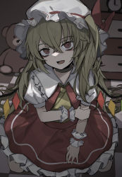 Rule 34 | 1girl, absurdres, bags under eyes, blonde hair, checkered floor, choker, clock, commentary request, drawer, dress, eyelashes, flandre scarlet, frilled dress, frills, hair between eyes, hand on own arm, hat, highres, hisha (kan moko), indoors, long hair, mob cap, open mouth, red dress, red eyes, short sleeves, solo, stuffed animal, stuffed toy, teddy bear, teeth, tongue, touhou, very long hair, white hat, wrist cuffs