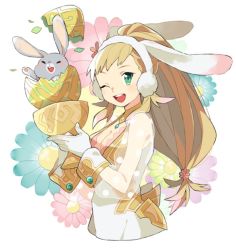 Rule 34 | 1girl, animal ears, blonde hair, breasts, cleavage, cleavage cutout, clothing cutout, cup, easter egg, egg, fake animal ears, fire emblem, fire emblem heroes, flower, gloves, green eyes, holding, long hair, looking at viewer, medium breasts, nintendo, official alternate costume, one eye closed, open mouth, pekaso1118n, rabbit, rabbit ears, see-through, sharena (fire emblem), smile, solo, upper body, white gloves
