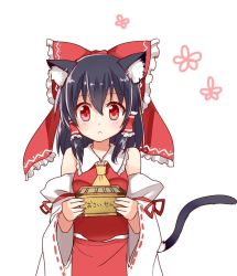 Rule 34 | 1girl, :&lt;, animal ears, ascot, bad id, bad twitter id, bare shoulders, black hair, blush, bow, box, cat ears, cat tail, detached sleeves, donation box, frown, hair bow, hair ribbon, hair tubes, hakurei reimu, kemonomimi mode, large bow, nontraditional miko, red eyes, ribbon, short hair, sketch, solo, tail, touhou, upper body, white background, wide sleeves, yada (xxxadaman)