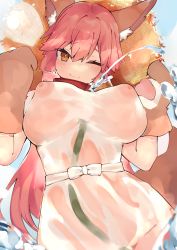 Rule 34 | 1girl, absurdres, animal ear fluff, animal ears, animal hands, between breasts, bow, breasts, collar, commentary request, covered erect nipples, dress, fate/extra, fate/grand order, fate (series), fox ears, fox girl, fox tail, gloves, hair between eyes, hat, highres, hose, large breasts, long hair, looking at viewer, one eye closed, paw gloves, pink hair, ponytail, puffy nipples, rottenweiler, sidelocks, smile, solo, straw hat, tail, tamamo (fate), tamamo cat (fate), wet, wet clothes, white dress, yellow eyes