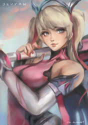 Rule 34 | 1girl, absurdres, alternate hairstyle, bad id, bad pixiv id, bare shoulders, blonde hair, blue eyes, breasts, commentary, criss-cross halter, dress, halo, halterneck, highres, lips, lipstick, makeup, mechanical halo, mechanical wings, medium breasts, mercy (overwatch), nail polish, official alternate costume, over shoulder, overwatch, overwatch 1, pink dress, pink mercy, pink ribbon, ribbon, seuyan, solo, staff, twintails, upper body, weapon, weapon over shoulder, wings