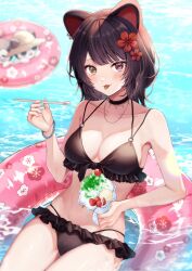 Rule 34 | 1girl, afloat, animal ears, bikini, black bikini, black choker, black hair, blush, bracelet, breasts, cherry, choker, cleavage, collarbone, colored tongue, dog ears, drinking straw, flower, food, frilled bikini, frills, front-tie bikini top, front-tie top, fruit, hair flower, hair ornament, hat, highres, holding, holding drinking straw, innertube, inui toko, jewelry, large breasts, lens flare, long hair, looking at viewer, multi-strapped bikini, navel, necklace, nijisanji, red eyes, red flower, shaved ice, sidelocks, solo, spoon straw, straw hat, strawberry, swim ring, swimsuit, virtual youtuber, water, wet, yellow eyes, yoshiki1020