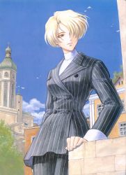 Rule 34 | 00s, 1girl, absurdres, blonde hair, building, church, city, day, formal, green eyes, hair over one eye, highres, looking to the side, maria tachibana, outdoors, pant suit, pants, pinstripe pattern, pinstripe suit, sakura taisen, short hair, sky, solo, striped, suit, turtleneck