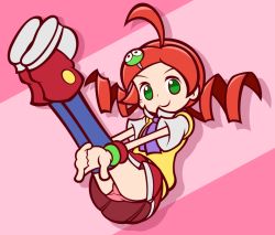 Rule 34 | 1girl, andou ringo, ass, bracelet, curly hair, drill hair, green eyes, hair ornament, looking at viewer, neckerchief, official style, panties, pink panties, puyopuyo, puyopuyo 7, red hair, sega, shoes, skirt, smile, socks, solo, underwear, wristband