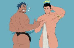 Rule 34 | 2boys, abs, absurdres, alternate skin color, arm hair, ass, bad id, bad twitter id, bara, beard, black hair, black male swimwear, black swim briefs, covering privates, dark-skinned male, dark skin, facial hair, feet out of frame, fins, fish boy, flat color, forked eyebrows, from behind, halo, highres, holding, holding towel, male focus, male swimwear, matty (radicallymaxton), mature male, multiple boys, muscular, muscular male, navel, nipples, nude cover, pectorals, penis, penis peek, short hair, sideburns, stomach, stubble, swim briefs, swimsuit, thick eyebrows, thick thighs, thighs, thumbs up, tokyo houkago summoners, topless male, towel, triton (housamo), zabaniyya (housamo)