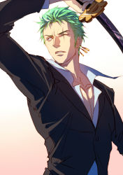 Rule 34 | 1boy, black suit, earrings, eilinna, fighting stance, green hair, holding, holding sword, holding weapon, jewelry, long sideburns, male focus, official alternate costume, one piece, partially unbuttoned, pectoral cleavage, pectorals, roronoa zoro, scar, scar across eye, scar on face, short hair, sideburns, single earring, solo, suit, sword, toned, toned male, undershirt, upper body, weapon, white background