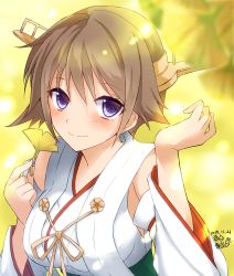 Rule 34 | 1girl, artist name, brown hair, commentary request, dated, detached sleeves, flipped hair, hairband, headgear, hiei (kancolle), hiei kai ni (kancolle), highres, kantai collection, looking at viewer, mashiro yukiya, nontraditional miko, one-hour drawing challenge, purple eyes, ribbon-trimmed sleeves, ribbon trim, short hair, smile, solo, upper body
