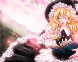 Rule 34 | 1girl, black hat, blonde hair, book, brooch, closed eyes, clover, female focus, four-leaf clover, frilled hat, frills, hat, hizo (repapp), jewelry, kirisame marisa, long hair, nature, scenery, solo, touhou, witch, witch hat