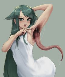 Rule 34 | 1girl, :d, arm behind head, arm up, armpits, bare arms, blush, body horror, dress, eldritch abomination, eu03, extra mouth, green background, green eyes, green hair, hair flaps, hand on own head, hand up, horror (theme), long hair, looking at viewer, monster girl, non-web source, open mouth, saliva, saya (saya no uta), saya no uta, simple background, sleeveless, sleeveless dress, smile, solo, sweatdrop, teeth, tongue, tongue out, upper teeth only, very long hair, what, white dress