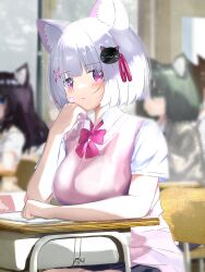 Rule 34 | 4girls, animal ear fluff, animal ears, ashitaba kemo, bandaid, bandaid on cheek, bandaid on face, black hair, blue eyes, blurry, blurry background, blush, bow, breasts, cat ears, cat hair ornament, chair, collared shirt, commentary request, depth of field, desk, green eyes, green hair, grey hair, hair ornament, hair ribbon, hairclip, highres, indoors, medium breasts, multiple girls, on chair, original, parted lips, pencil case, pink ribbon, purple bow, purple eyes, ribbon, school chair, school desk, school uniform, shirt, short sleeves, solo focus, sweater vest, white shirt, x hair ornament