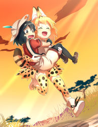 Rule 34 | 10s, 2girls, ^ ^, absurdres, animal ears, backpack, bag, bare shoulders, black hair, blonde hair, blush, boots, bucket hat, carrying, closed eyes, commentary request, elbow gloves, closed eyes, feathers, full body, gloves, hat, highres, kaban (kemono friends), kemono friends, loafers, multicolored hair, multiple girls, open mouth, pantyhose, princess carry, running, serval (kemono friends), serval print, serval tail, shirt, shoes, short hair, short sleeves, shorts, smile, t-shirt, tail, thighhighs, user fmwk3744, wavy mouth