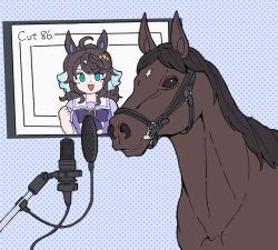 Rule 34 | :d, blue background, blue eyes, bridle, brown hair, clenched hand, commentary, creature and personification, daring tact (racehorse), daring tact (umamusume), horse, horse girl, microphone, monitor, no humans, obushideian, open mouth, polka dot, polka dot background, real life, recording, school uniform, simple background, smile, tracen school uniform, umamusume
